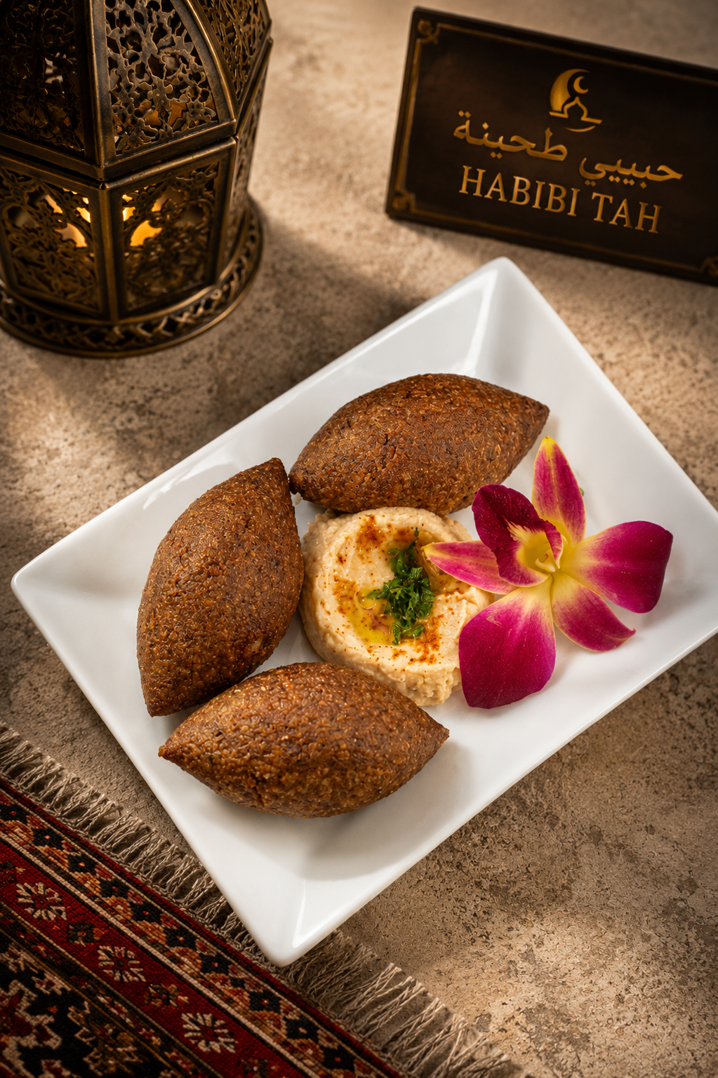 Habibi Tah kibbeh with creamy dip and flower garnish